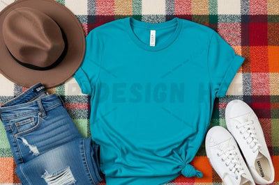 Casual outfit with blue t-shirt, jeans, and sneakers Mock Up Photo Designangry 