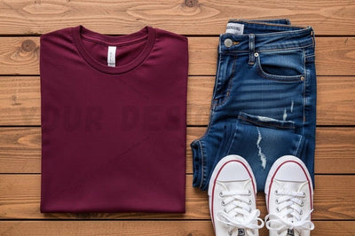 Casual outfit with burgundy t-shirt, distressed jeans, and white sneakers Mock Up Photo Regulrcrative 