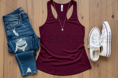 Casual outfit with burgundy tank top, ripped jeans, and white sneakers Mock Up Photo Regulrcrative 