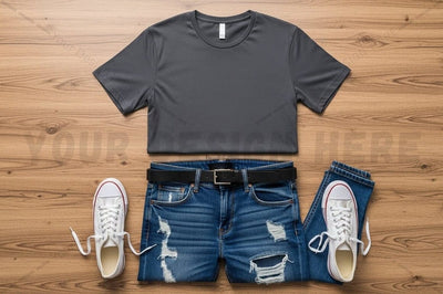 Casual outfit with gray t-shirt and distressed denim shorts Mock Up Photo Regulrcrative 