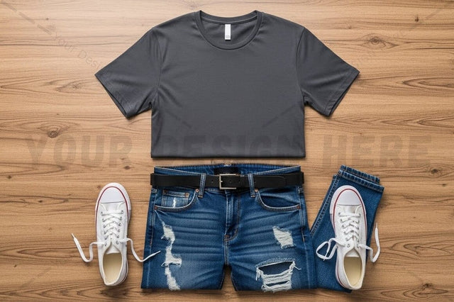 Casual outfit with gray t-shirt and distressed denim shorts Mock Up Photo Regulrcrative 