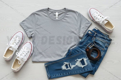 Casual outfit with gray t-shirt, distressed jeans, and white sneakers Mock Up Photo Regulrcrative 