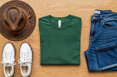 Casual outfit with green t-shirt and denim jeans Mock Up Photo Regulrcrative 