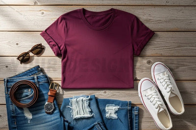 Casual outfit with maroon t-shirt and accessories Mock Up Photo Regulrcrative 