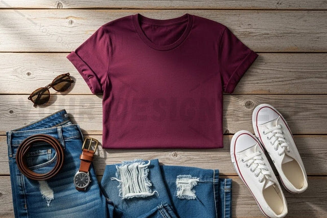 Casual outfit with maroon t-shirt and accessories Mock Up Photo Regulrcrative 