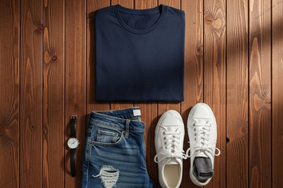 Casual outfit with navy t-shirt, distressed jeans, and white sneakers Mock Up Photo Regulrcrative 