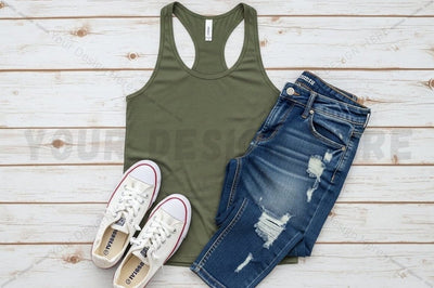 Casual outfit with olive green tank top, distressed jeans, and white sneakers Mock Up Photo Regulrcrative 