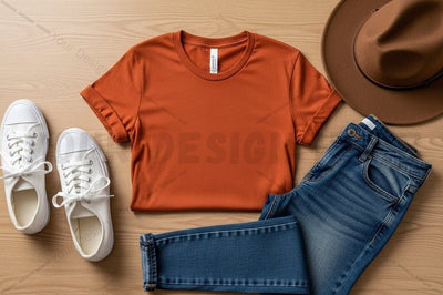Casual outfit with orange t-shirt and accessories Mock Up Photo Regulrcrative 