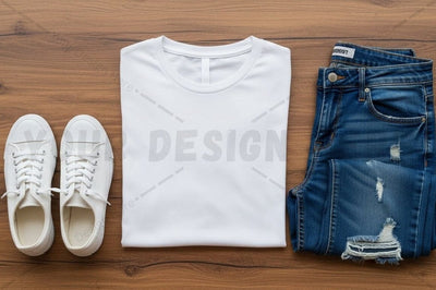 Casual outfit with white t-shirt, jeans, and sneakers Mock Up Photo Regulrcrative 