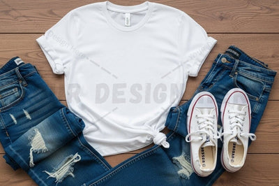 Casual outfit with white t-shirt, ripped jeans, and converse shoes Mock Up Photo Regulrcrative 
