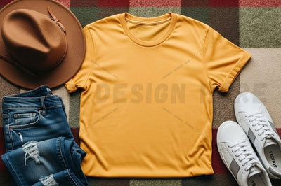 Casual outfit with yellow t-shirt, blue jeans, and white sneakers Mock Up Photo Designangry 