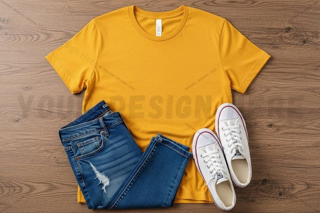 Casual outfit with yellow t-shirt, blue jeans, and white sneakers Mock Up Photo Regulrcrative 