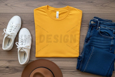 Casual outfit with yellow t-shirt, blue jeans, white sneakers, and brown hat Mock Up Photo Regulrcrative 