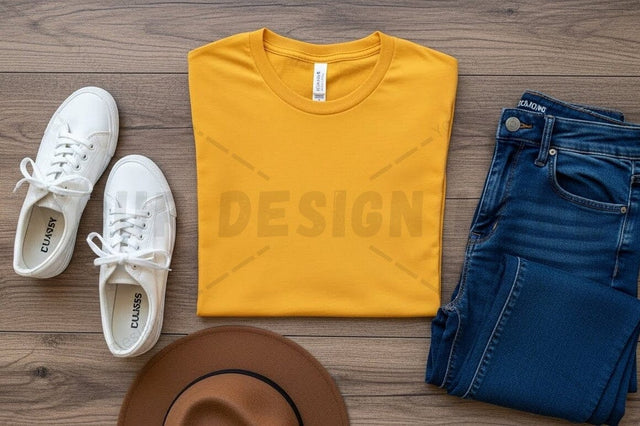 Casual outfit with yellow t-shirt, blue jeans, white sneakers, and brown hat Mock Up Photo Regulrcrative 