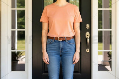 Casual peach t-shirt and blue jeans outfit Mock Up Photo Designangry 