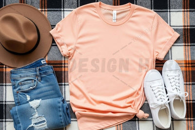 Casual peach t-shirt outfit with accessories Mock Up Photo Designangry 