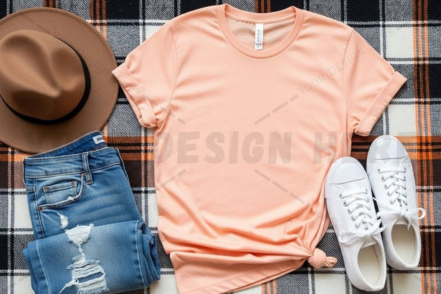 Casual peach t-shirt outfit with accessories Mock Up Photo Designangry 