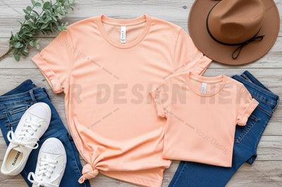 Casual peach t-shirt with denim and accessories Mock Up Photo Regulrcrative 