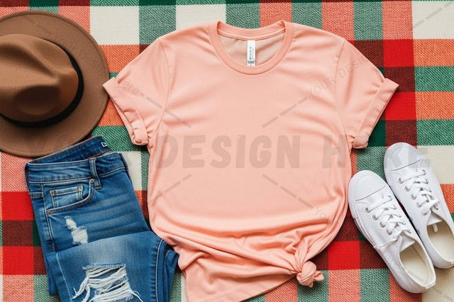 Casual peach t-shirt with denim and sneakers Mock Up Photo Designangry 
