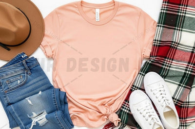 Casual peach t-shirt with distressed denim and plaid scarf Mock Up Photo Designangry 