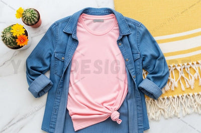Casual pink t-shirt with denim jacket Mock Up Photo Regulrcrative 