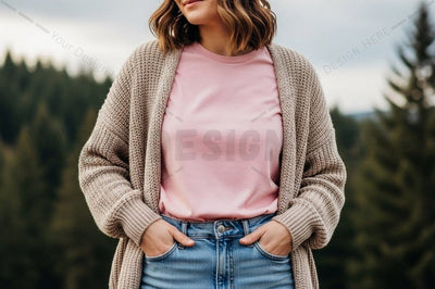 Casual pink t-shirt with denim jeans and cardigan Mock Up Photo Designangry 