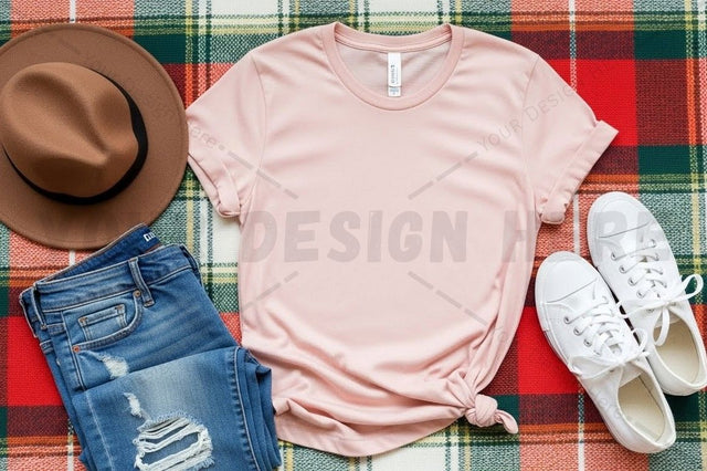 Casual pink t-shirt with distressed denim and sneakers Mock Up Photo Designangry 