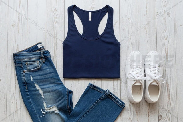 Casual sportswear outfit with blue racerback top, ripped jeans, and white sneakers Mock Up Photo Regulrcrative 