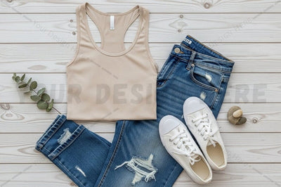 Casual summer outfit with beige tank top and distressed denim jeans Mock Up Photo Regulrcrative 