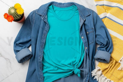 Casual summer outfit with blue t-shirt and denim jacket Mock Up Photo Regulrcrative 