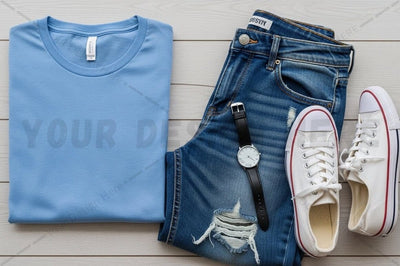 Casual summer outfit with blue t-shirt and distressed jeans Mock Up Photo Regulrcrative 