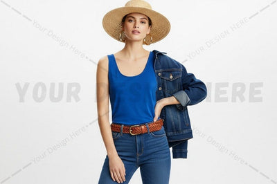 Casual summer outfit with blue tank top and denim jacket Mock Up Photo Regulrcrative 