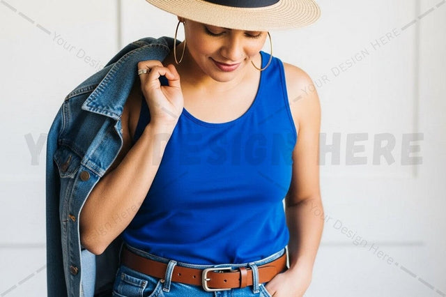 Casual summer outfit with blue tank top and denim jacket Mock Up Photo Regulrcrative 