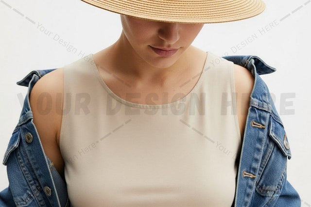 Casual summer outfit with denim jacket and straw hat Mock Up Photo Regulrcrative 