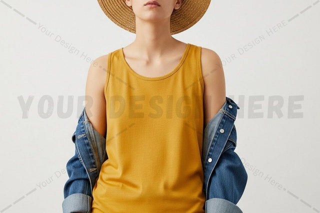 Casual summer outfit with denim jacket and straw hat Mock Up Photo Regulrcrative 