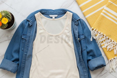 Casual summer outfit with denim jacket and white tank top Mock Up Photo Regulrcrative 