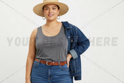 Casual summer outfit with gray tank top and denim jacket Mock Up Photo Regulrcrative 