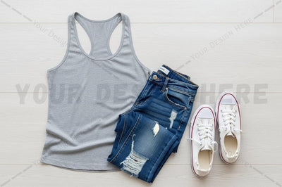Casual summer outfit with gray tank top, distressed denim jeans, and white sneakers Mock Up Photo Regulrcrative 