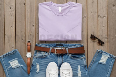 Casual summer outfit with lavender t-shirt Mock Up Photo Regulrcrative 