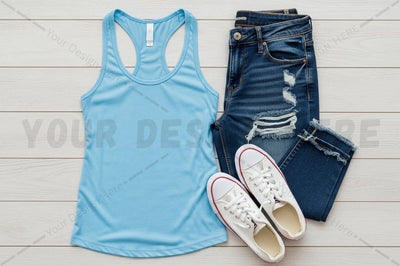 Casual summer outfit with light blue tank top, ripped denim shorts, and white sneakers Mock Up Photo Regulrcrative 