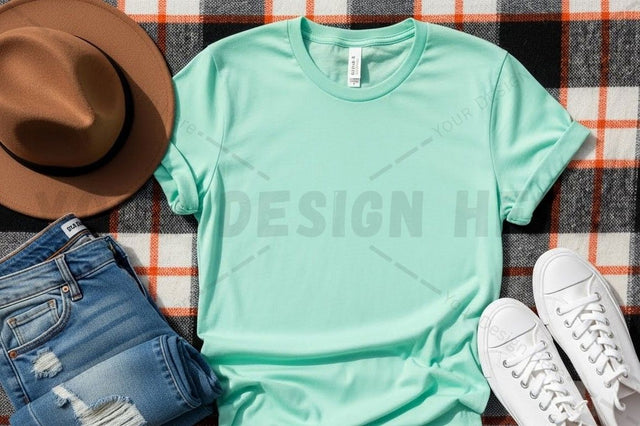Casual summer outfit with mint green t-shirt Mock Up Photo Designangry 