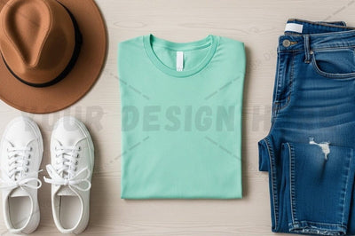 Casual summer outfit with mint green t-shirt Mock Up Photo Regulrcrative 