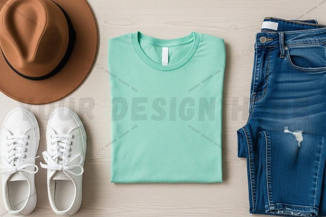 Casual summer outfit with mint green t-shirt Mock Up Photo Regulrcrative 