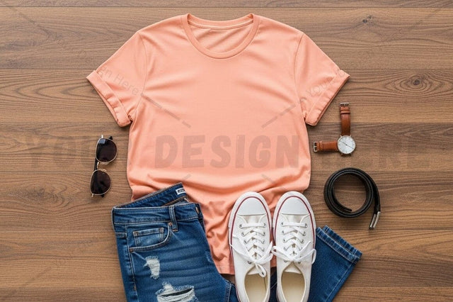 Casual summer outfit with peach t-shirt Mock Up Photo Regulrcrative 