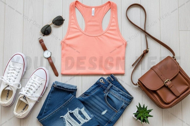 Casual summer outfit with pink sports bra and distressed jeans Mock Up Photo Regulrcrative 