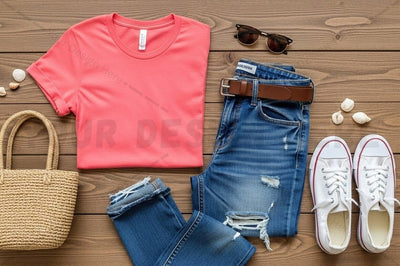 Casual summer outfit with pink t-shirt and blue jeans Mock Up Photo Regulrcrative 