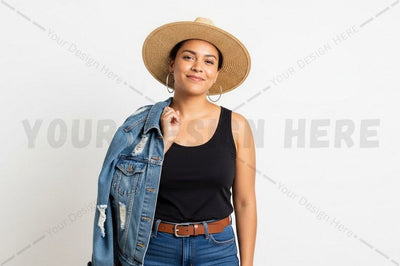 Casual summer outfit with t-shirt and denim jacket Mock Up Photo Regulrcrative 
