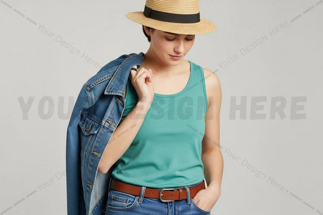 Casual summer outfit with turquoise tank top and denim jacket Mock Up Photo Regulrcrative 