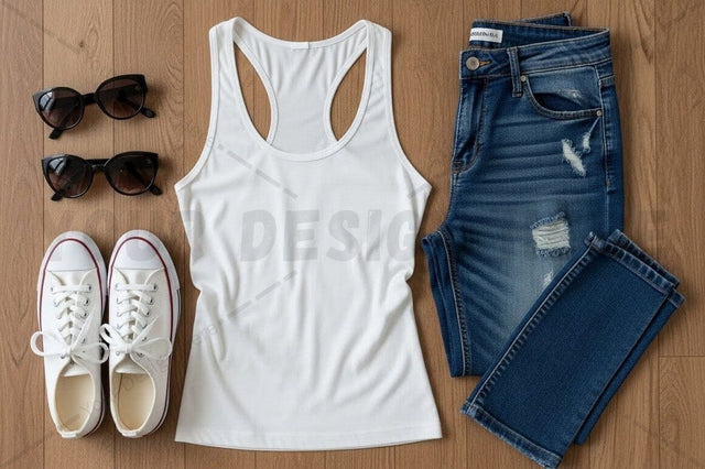 Casual summer outfit with white t-shirt and distressed jeans Mock Up Photo Regulrcrative 