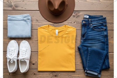 Casual summer outfit with yellow t-shirt and blue jeans Mock Up Photo Regulrcrative 